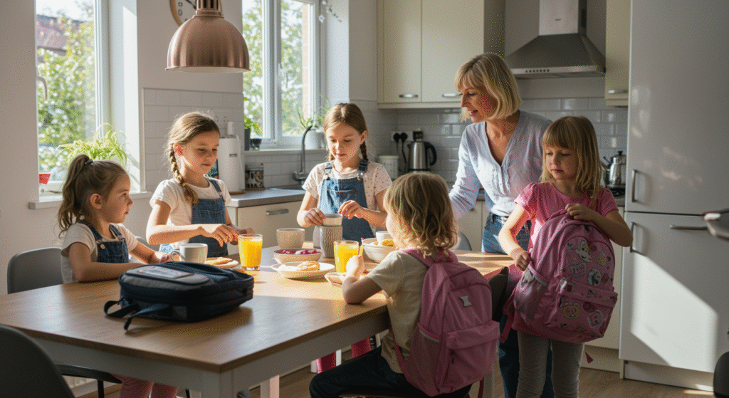 Anyuka reggeli káoszban öt gyerekkel, iskolatáskákkal és reggelizőasztallal