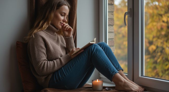 Anyuka őszi fényben, kezében naplóval – a lelassulás és önreflexió pillanata.