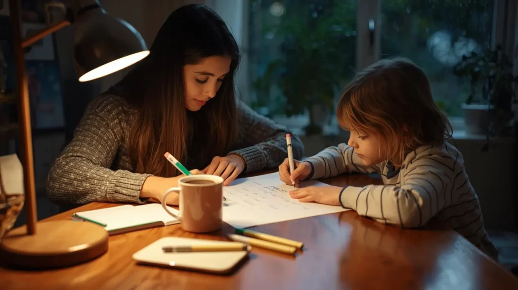 Anya és kisgyerek esti ‘morzsa-kör’ közben, nyomtatott morzsa-poszterrel és zsírkrétákkal az asztalon, meleg fényekkel.