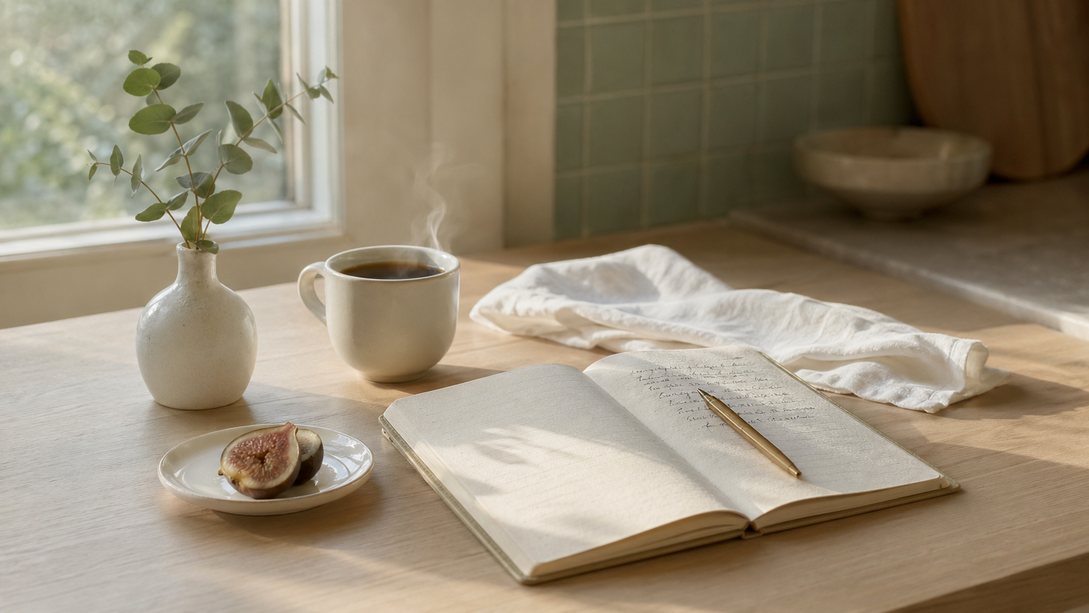 lágy élet reggeli rituálé naplóval és kávéval csendes konyhában