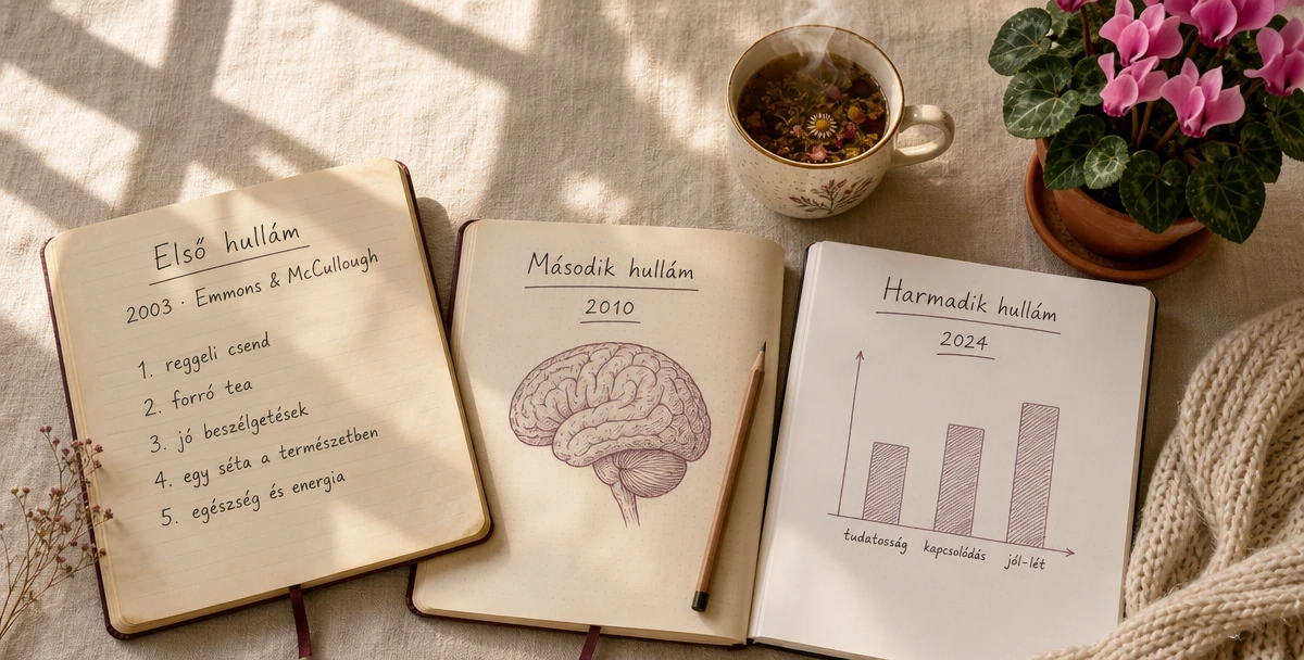 A hálanapló három kutatási hulláma: 2003 Emmons-McCullough alapkísérlet, 2010 fMRI-vizsgálatok, 2024 meta-elemzés három nyitott jegyzetfüzetben