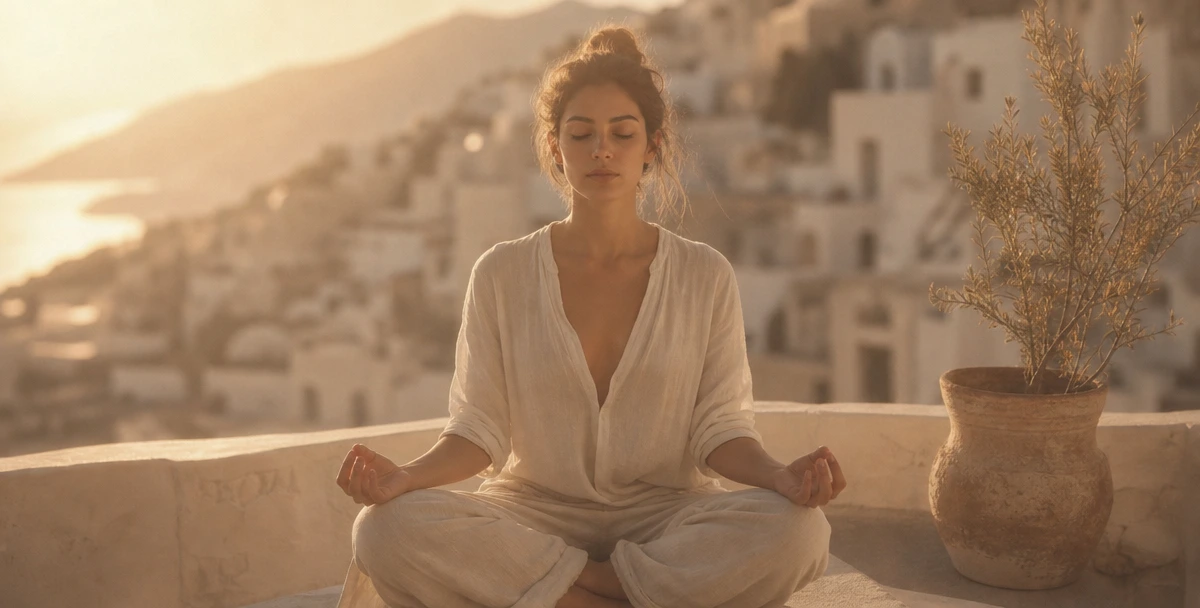 Klímaszorongás 2026: nő meditál egy fehér mediterrán teraszon, naplemente előtti fény, olajfa cserépben