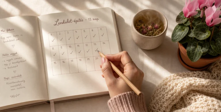 Lendület-építés szokás-tracker a 13. napon: 21 napos rács pipákkal, női kéz tollal jelöli a következő napot, mellette kamilla tea és cyclamen