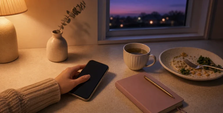 Vasárnap esti halogatás pillanata: konyhaasztal női kézzel telefonon, mellette tea, érintetlen vacsora és napló, ablakon át naplemente