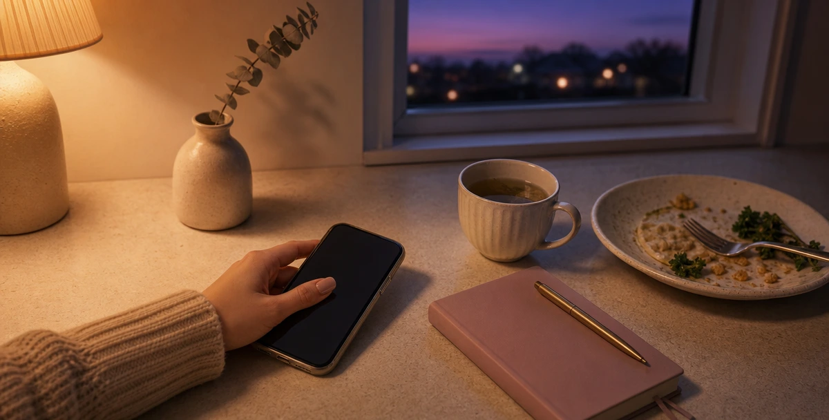 Vasárnap esti halogatás pillanata: konyhaasztal női kézzel telefonon, mellette tea, érintetlen vacsora és napló, ablakon át naplemente