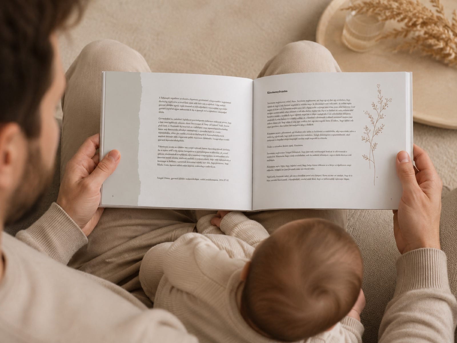 Édesapa kisbabával az ölében lapozza a Babanaplót