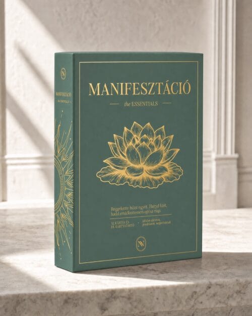 MANIFESZTÁCIÓ the ESSENTIALS doboz márványon, a gerincen aranyfóliás lótuszmotívummal