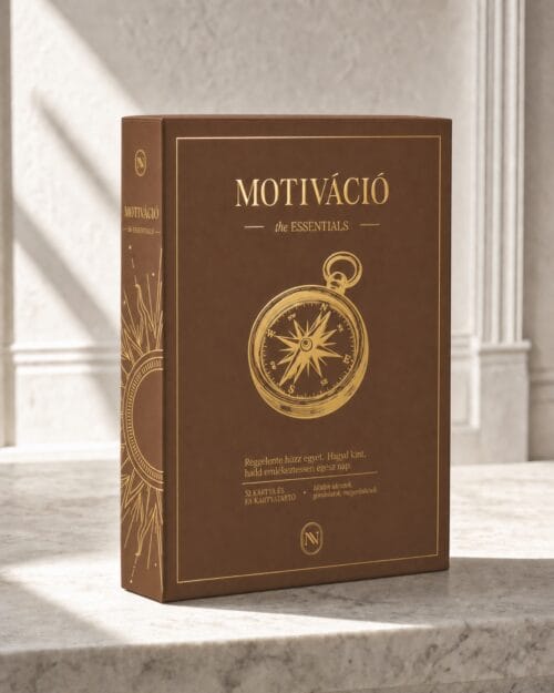 MOTIVÁCIÓ the ESSENTIALS doboz márványon, a gerincen aranyfóliás iránytűmotívummal