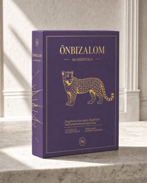 ÖNBIZALOM the ESSENTIALS doboz márványon, a gerincen aranyfóliás leopárdmotívummal