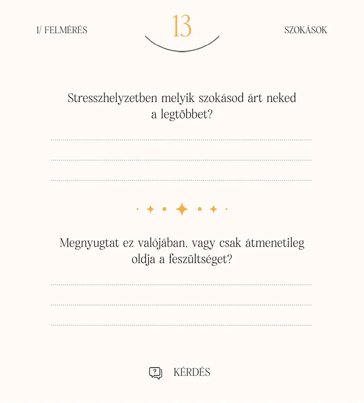 A Szokások pakli 13. kártyája, Kérdés: „Stresszhelyzetben melyik szokásod árt neked a legtöbbet? Megnyugtat ez valójában, vagy csak átmenetileg oldja a feszültséget?”