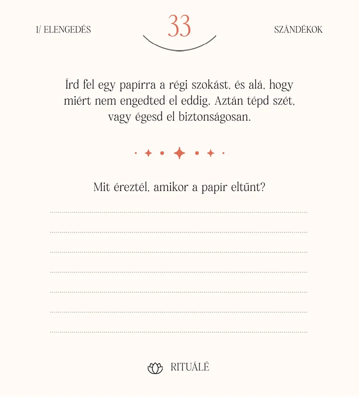 A Szándékok pakli 33. kártyája, Rituálé: „Írd fel egy papírra a régi szokást, és alá, hogy miért nem engedted el eddig. Aztán tépd szét, vagy égesd el biztonságosan. Mit éreztél, amikor a papír eltűnt?”