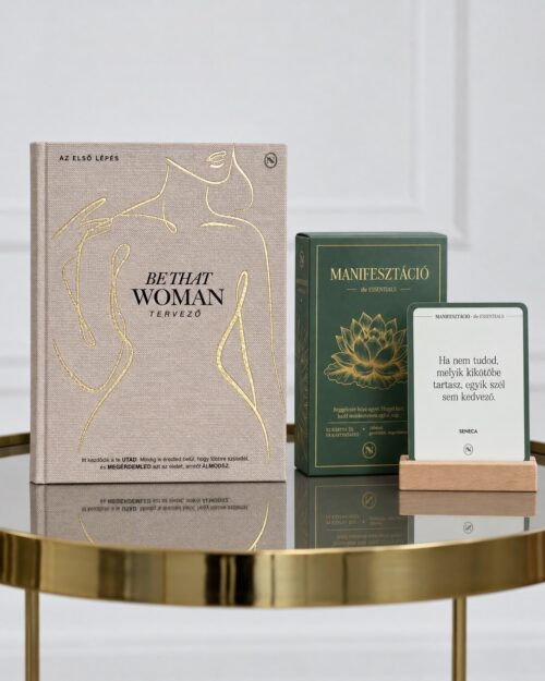 Tervező és megerősítő kártya csomag: Be That Woman Cappuccino és Manifesztáció megerősítő kártyák fa tartóval