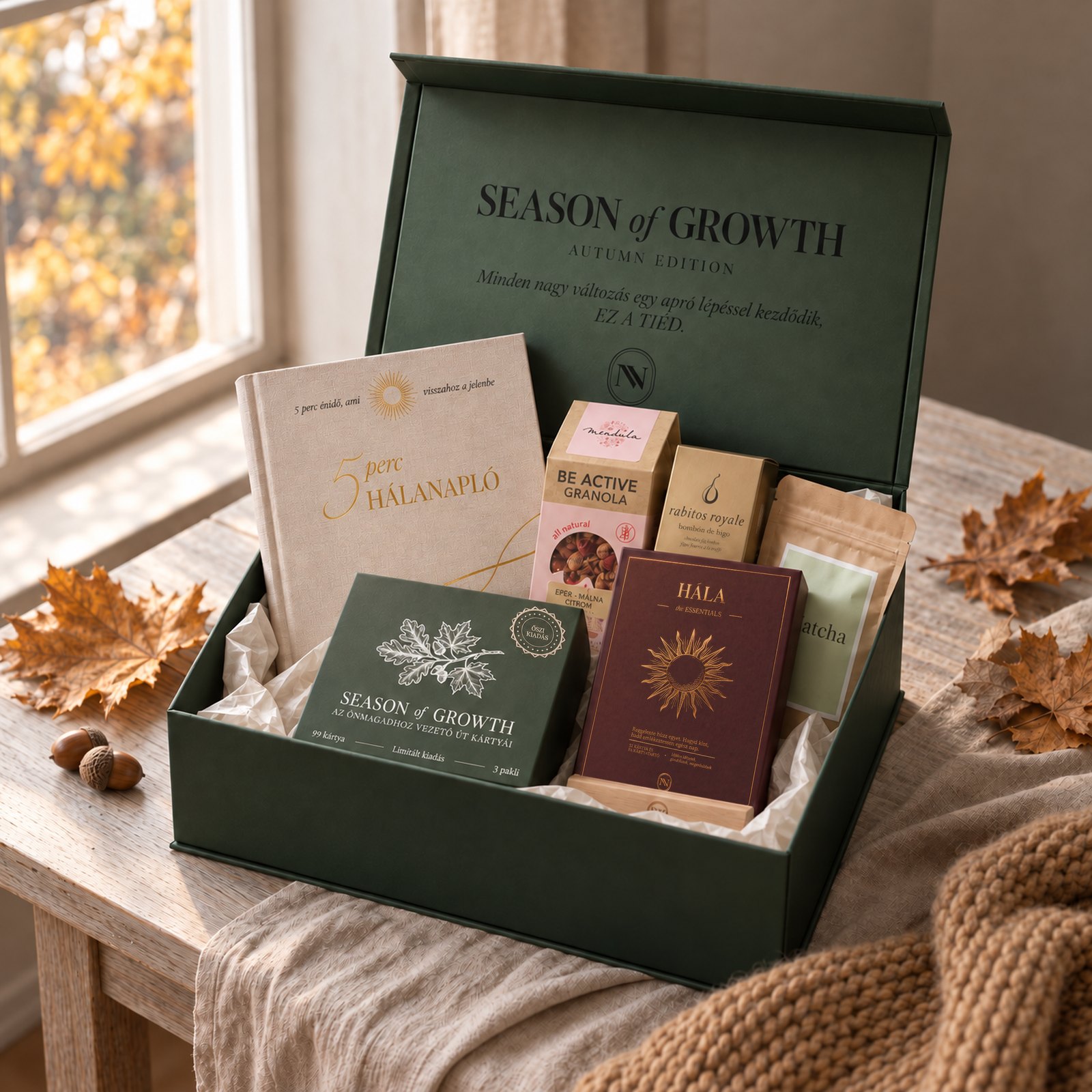 Az őszi Season of Growth Gift box 5 Perc Hálanaplóval, Hála megerősítő kártyákkal és az őszi kártyadobozzal