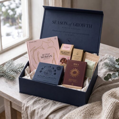Nyitott téli Season of Growth Gift box Be That Woman tervezővel, Hála megerősítő kártyákkal, a téli kártyadobozzal és meglepetés ajándékokkal