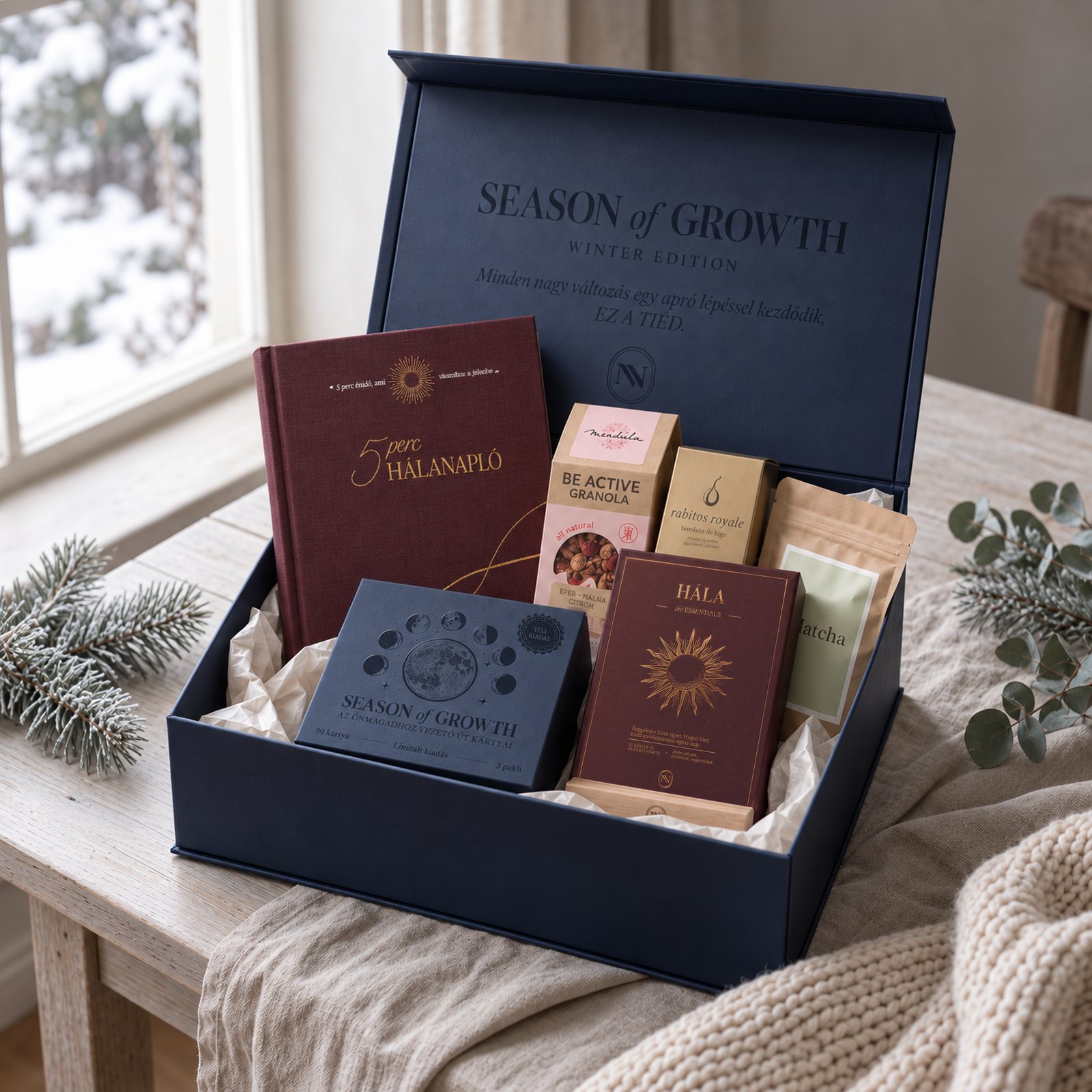 Nyitott téli Season of Growth Gift box 5 Perc Hálanaplóval, megerősítő kártyákkal és meglepetés ajándékokkal